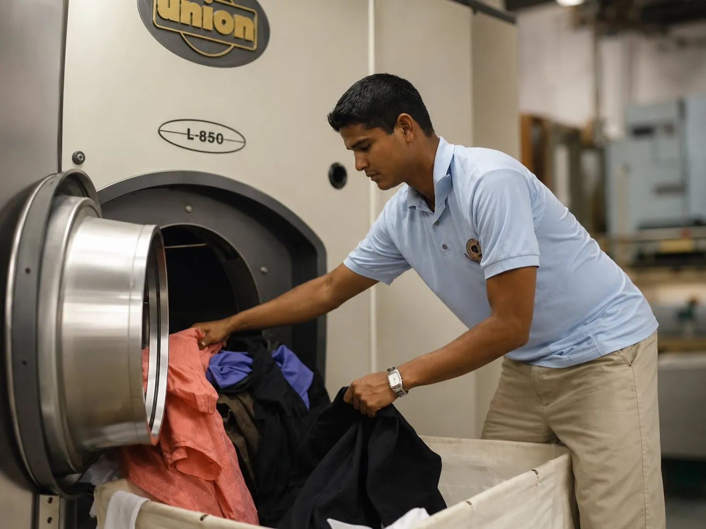 A team member unloads freshly cleaned garments from the dry-cleaning machine